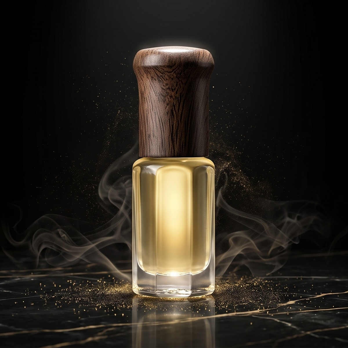 Z&Z attar perfume oil bottle with wooden cap on black marble with gold smoke